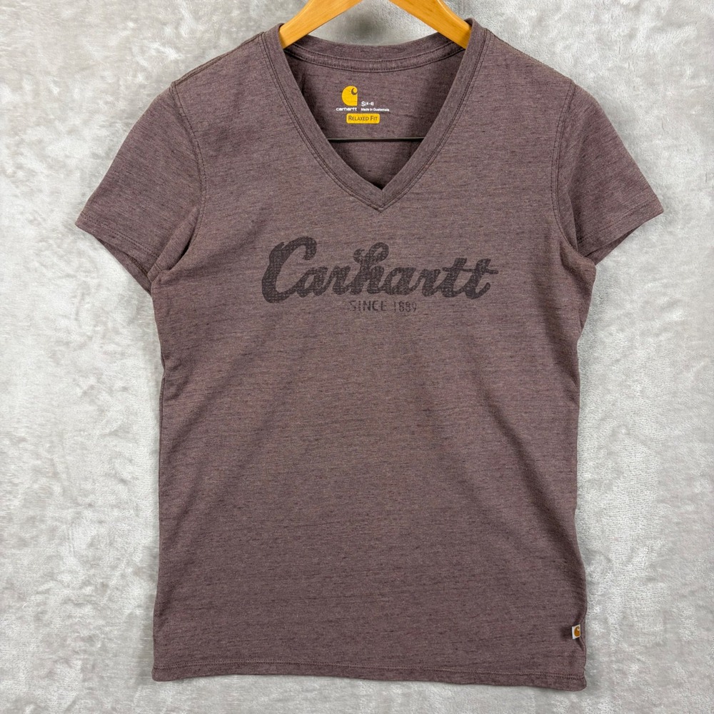Carhartt Force T Shirt Womens S Relaxed Fit V Neck Graphic Purple Short Sleeve
